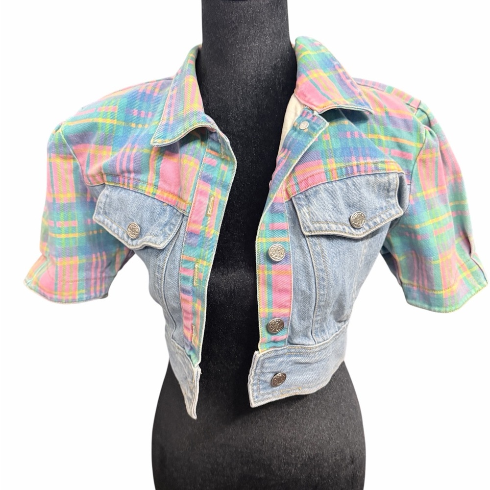 Colorful Plaid Denim Crop Jacket